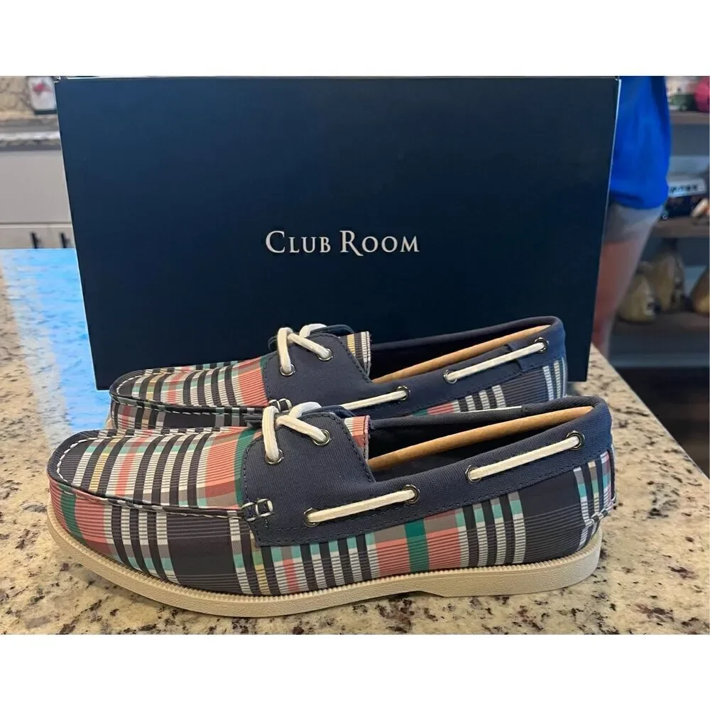Clubroom Mens Blue Plaid Padded Elliot Round Toe Lace-Up Boat Shoes